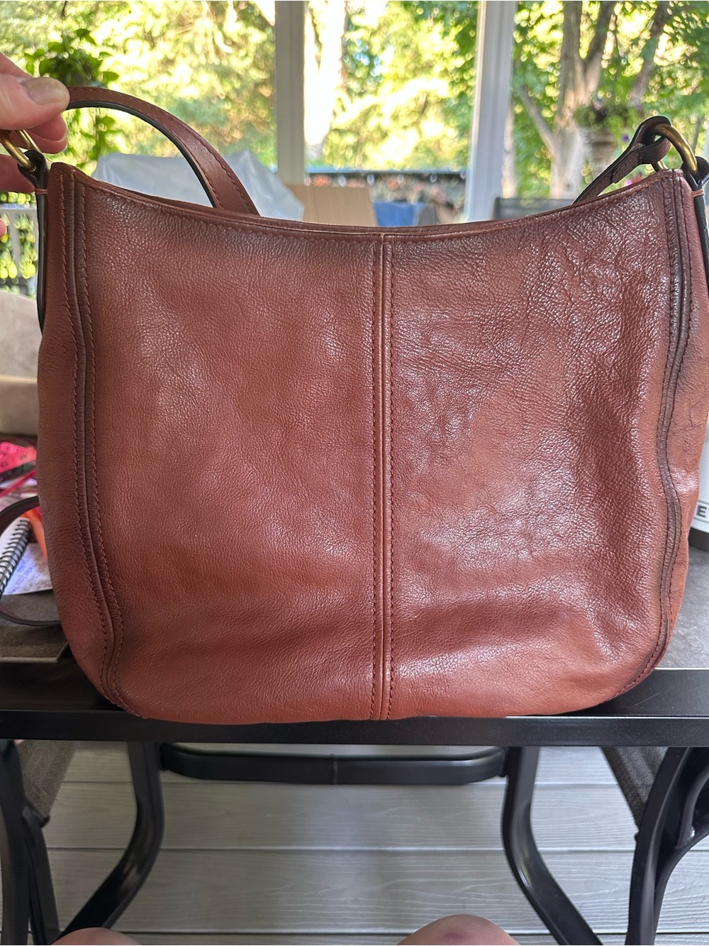 Frye Modern Ring Crossbody Distressed Brown Leather with Brass Ring Accent - Picture 3 of 11